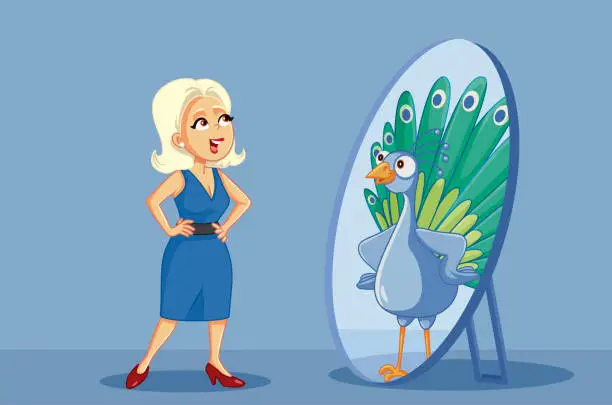 Vector illustration of Narcissistic Vain Woman looking like a Peacock Funny Vector Cartoon