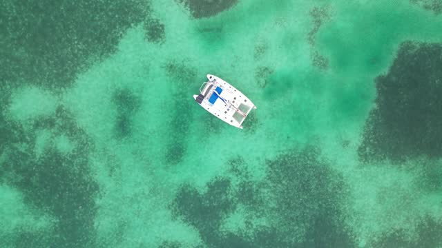 Drone view in Belize flying still over caribbean dark and light blue sea top view shallow water coral reef and a boat