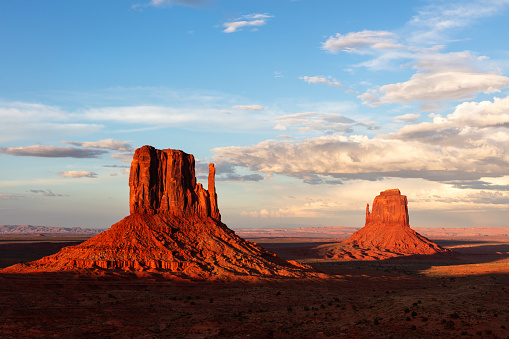 Aerial view of sandstone buttes in Monument Valley at sunrise, Arizona, USA.