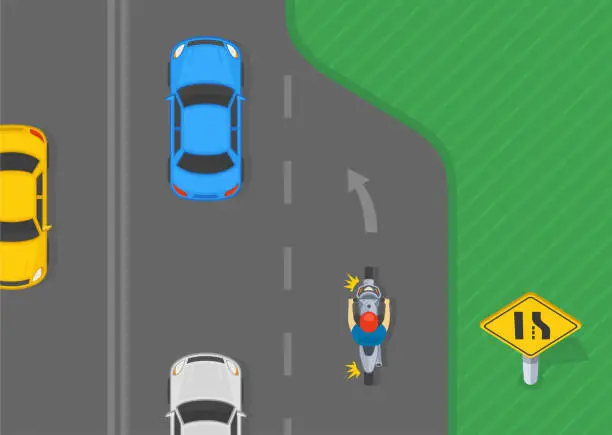 Vector illustration of Traffic regulation tips and rules. American right lane ends traffic sign. Top view of a motorcycle rider is merging left on highway. Vector illustration template.