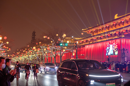 During the Spring Festival, the streets of Datang Evernight City in Xi'an, Shaanxi Province, China are filled with lanterns