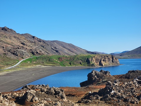 Scenic view of water and hills, Reykjanes Peninsula,  Iceland