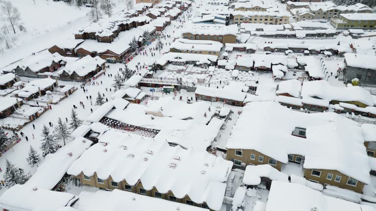 Aerial view Winter Season Snow Town  Xuexiang overcast weather deep snow