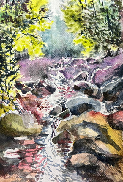 istock Illustration of a mountain waterfall in a summer forest 1906253016