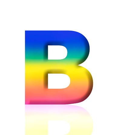 Close-up of three-dimensional rainbow alphabet letter B on white background.