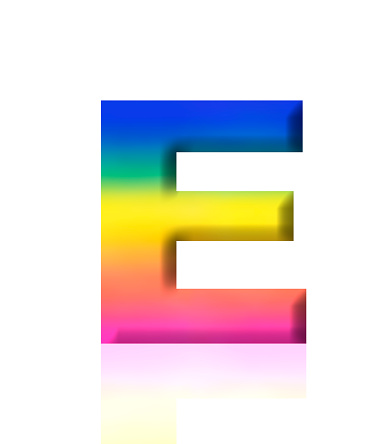 Close-up of three-dimensional rainbow alphabet letter E on white background.