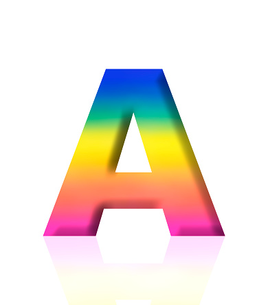 Close-up of three-dimensional rainbow alphabet letter A on white background.