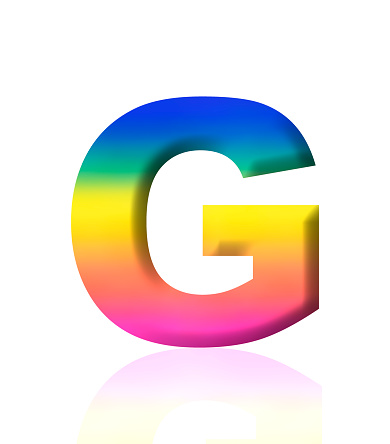 Close-up of three-dimensional rainbow alphabet letter G on white background.
