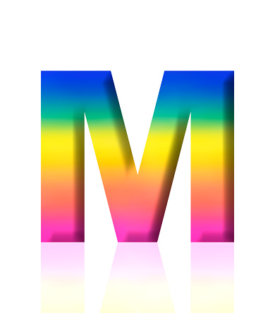 Close-up of three-dimensional rainbow alphabet letter M on white background.