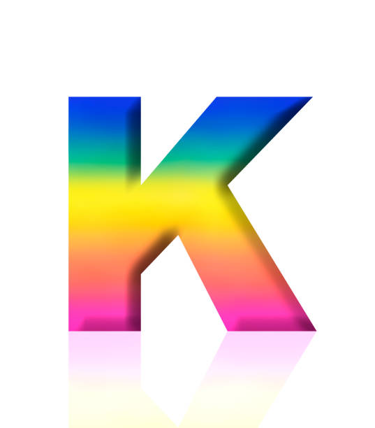 Close-up of three-dimensional rainbow alphabet letter K on white background.