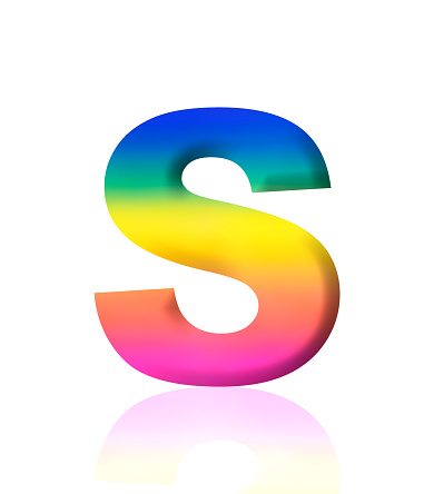 Close-up of three-dimensional rainbow alphabet letter S on white background.