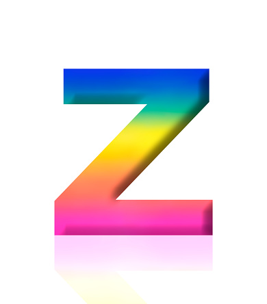 Close-up of three-dimensional rainbow alphabet letter Z on white background.