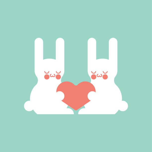 cute rabbits and love. hares and heart. - rabbit pets baby rabbit white background stock-grafiken, -clipart, -cartoons und -symbole