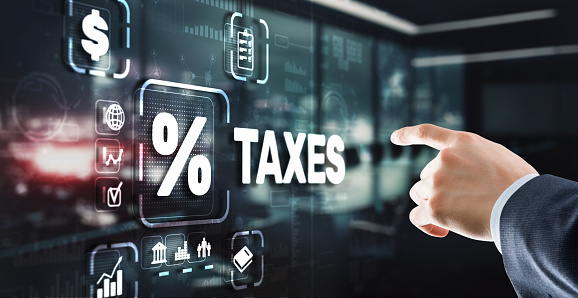 Concept of taxes paid by individuals and corporations such as VAT, income tax and property tax. Background for your business.