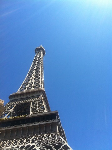 Las Vegas Eiffel Tower under the sun in sunny day with blue sky background, June 2015