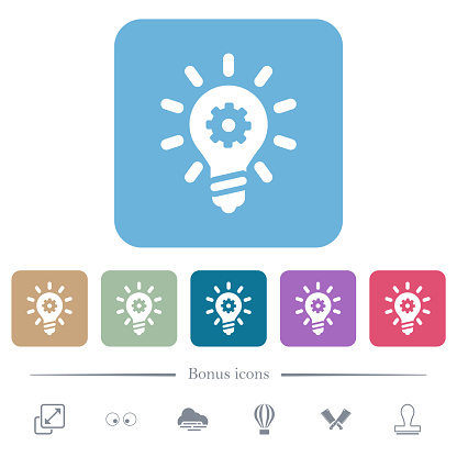 Innovation solid white flat icons on color rounded square backgrounds. 6 bonus icons included