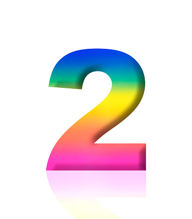 Close-up of three-dimensional rainbow number 2 on white background.