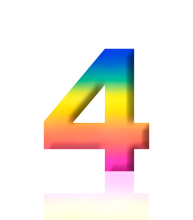 Close-up of three-dimensional rainbow number 4 on white background.