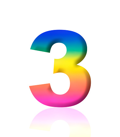 Close-up of three-dimensional rainbow number 3 on white background.