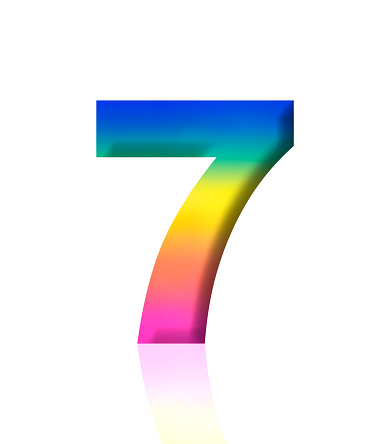 Close-up of three-dimensional rainbow number 7 on white background.