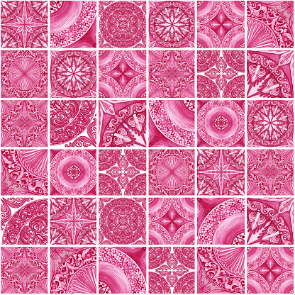 Design of ceramic tiles in pink tones. Sicilian seamless pattern. Watercolor background in Baroque style. Handmade royal decoration. Mediterranean Italian print.