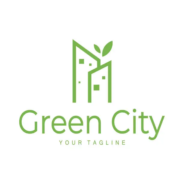 Vector illustration of green and healthy modern city with leaf logo design for business, property, building, eco city, future city, architect, environmentally friendly