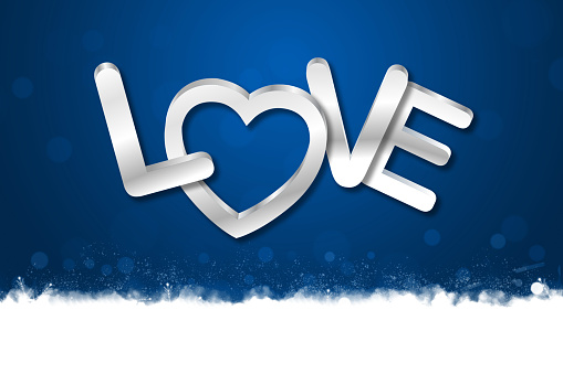 White coloured text L O V E over blue horizontal Valentine Day background. Can be used as love anniversary celebrations festive backgrounds, banners, wallpaper, gift wrapping paper sheet, posters and greeting cards. There is snow or fog pattern border at the bottom edge made of snowflakes and snow.