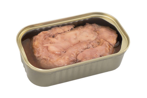 istock Packaging of canned cod liver isolated on white background. Preserved Atlantic cod liver. Open tin can of tasty cod liver isolated 1906375874