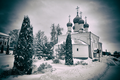 Winter Park and Russian Orthodox Church. Vintage film camera effect added