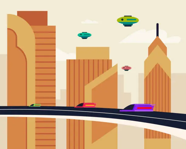 Vector illustration of Urban futuristic landscape with modern means of transport