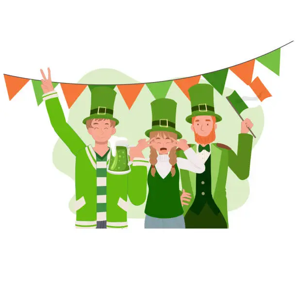 Vector illustration of Happy People Celebrate St Patrick Day.  Irish Festival of Joy and Tradition