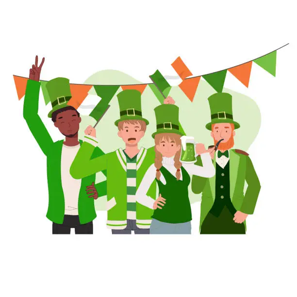 Vector illustration of Happy People Celebrate St Patrick Day.  Irish Festival of Joy and Tradition
