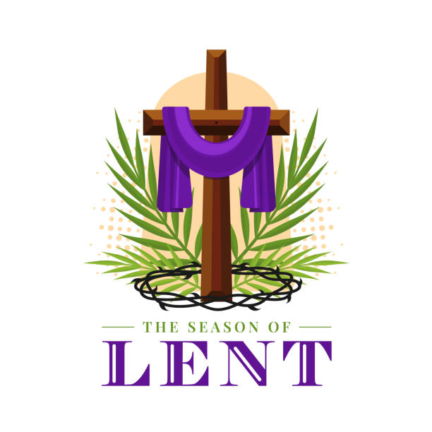 The season of LENT - Wood cross crucifix with purple cloth and plam leave thorns vector design The season of LENT - Wood cross crucifix with purple cloth and plam leave thorns vector design lent season stock illustrations