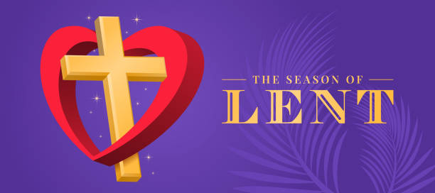 ilustrações de stock, clip art, desenhos animados e ícones de the season of lent - gold 3d cross crucifix with red heart ring cross around on purple background vector design - quarta feira de cinzas