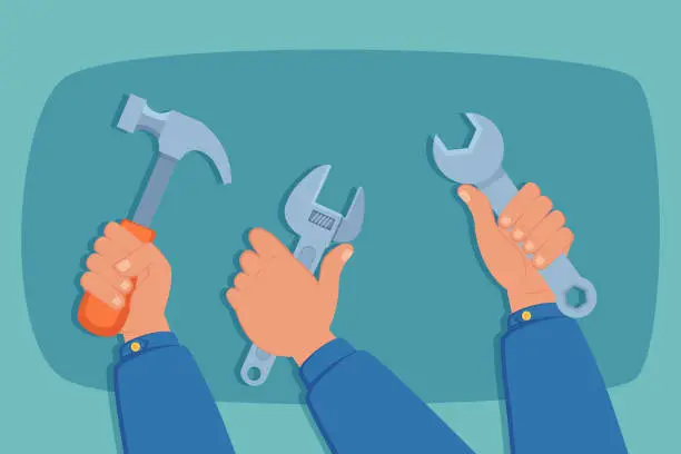 Vector illustration of Hands holding hammer and wrench keys