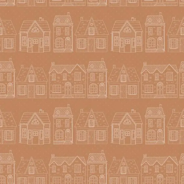 Vector illustration of Hand drawn cottages seamless pattern on polka dot background