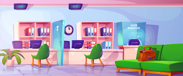 Bank office interior with furniture. Vector cartoon illustration of large waiting room with couch, electronic queue displays on ceiling above desks and chairs, folders on shelves, cash desk window