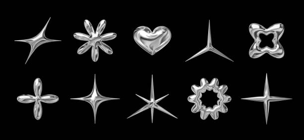 Y2K-inspired glossy chrome shapes collection - star, heart, and flower for modern design 3d chrome glossy shapes set in y2k retro futuristic style. Liquid metallic star, heart, flower, and sparkle forms as isolated vector design elements for a 2000s aesthetic chrome stock illustrations