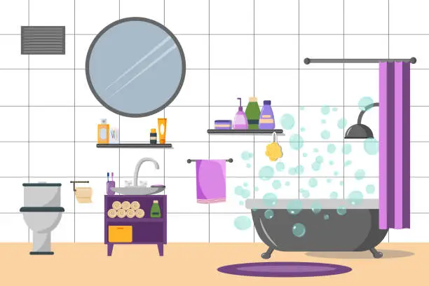 Vector illustration of Bathroom interior. Large bath with shower and curtain, sink with cabinet, mirror, toilet and hygiene items, towel basket.