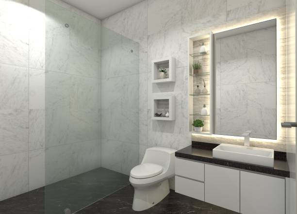 istock Modern Bathroom Design with Minimalist Washbasin Cabinet and Mirror Display Decoration 1906477883