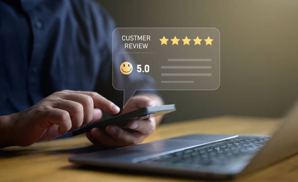 istock Customer Experience Concept, Best Excellent Services Rating for Satisfaction present by smartphone of Client Showing excellent rating Five Star. Review, feedback, good, the best of product and service 1906485340
