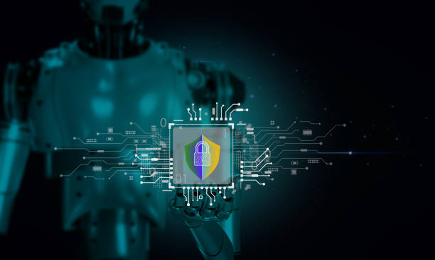 istock 3D robotic render with cyber security icon on circuit diagram. The program warns of computer virus attacks and eliminates them , technology concept 1906491936