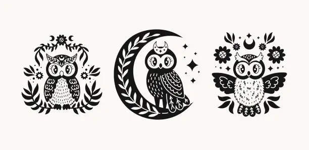 Vector illustration of Owl doodle set