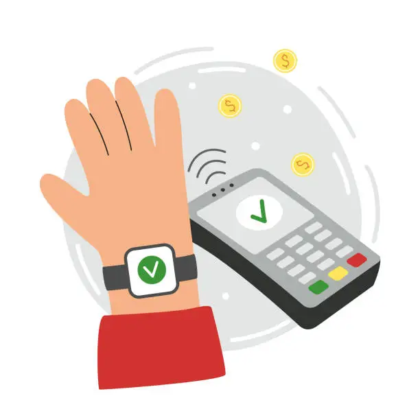 Vector illustration of Vector illustration of a man's hand paying with an electronic card in a smartwatch on a contactless terminal.