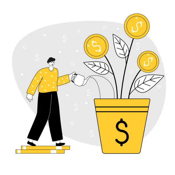 Vector illustration of Vector illustration of a man watering a money plant.