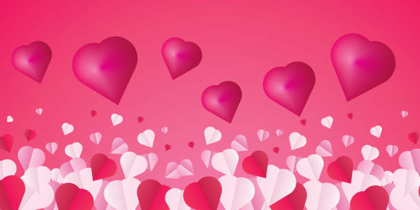 istock Background design with paper cut clouds. Place for text. Happy Valentine's Day sale header with hanging hearts. 1906519934