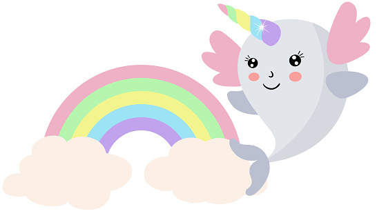 Scalable vectorial representing a cute happy unicorn whale with rainbow, element for design, illustration isolated on white background.