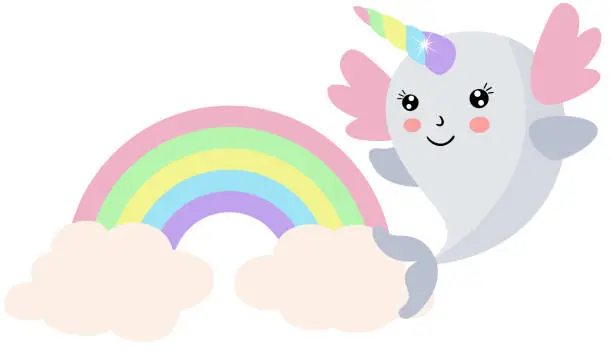 Vector illustration of Cute happy unicorn whale with rainbow