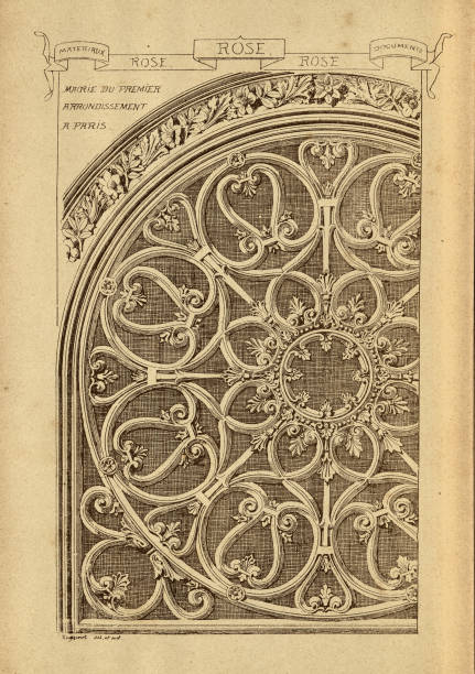 ilustraciones, imágenes clip art, dibujos animados e iconos de stock de rosetón arquitectónico, parís, historia de la arquitectura, decoración y diseño, arte, francés, - window rose window gothic style architecture