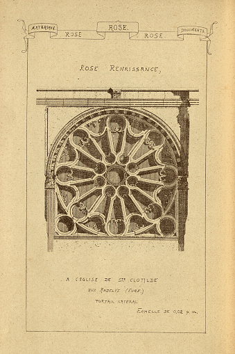 Vintage illustration Architectural Rose window, with cross, History of architecture, decoration and design, art, French, Victorian, 19th Century. Rose window is often used as a generic term applied to a circular window, but is especially used for those found in Gothic cathedrals and churches. The windows are divided into segments by stone mullions and tracery.